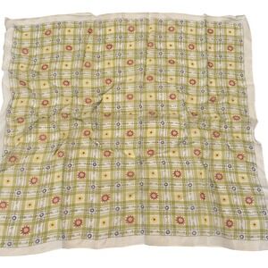Cejon Silk Scarf Green White Plaid Sunflower Floral Square Printed Korea Y2K 90s